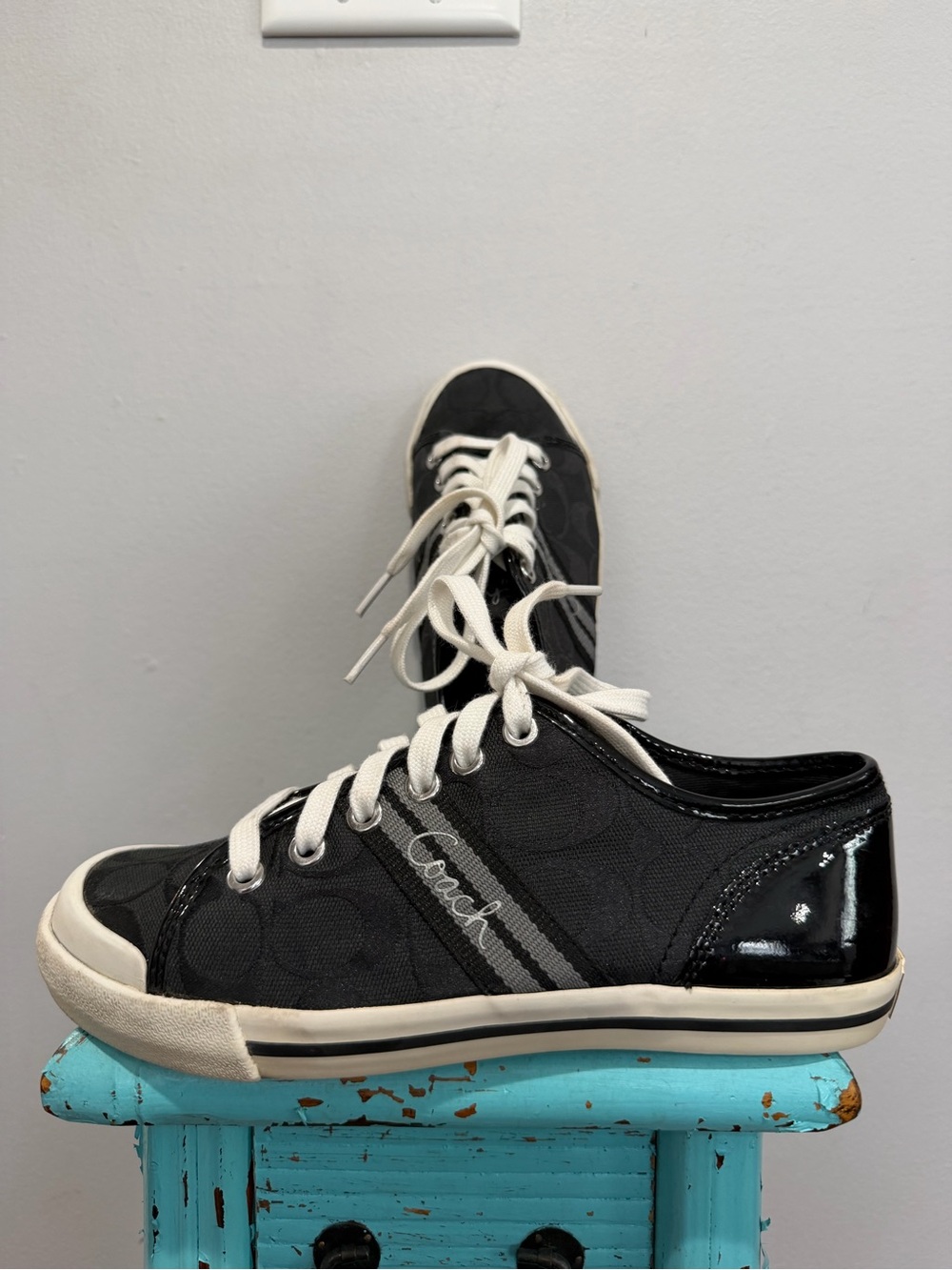 Coach Folly Signature Sneakers Black Canvas Monogram Patent Leather Size 6B